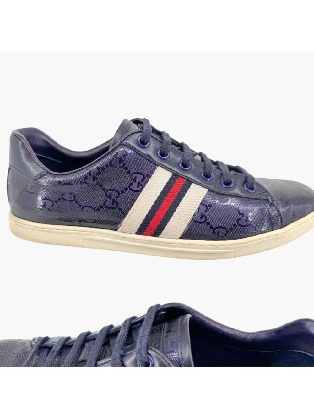 Gucci Low Top Sneakers EU 37 US 7 Navy Blue GG Monogram Impreme Logo Ace Shoe